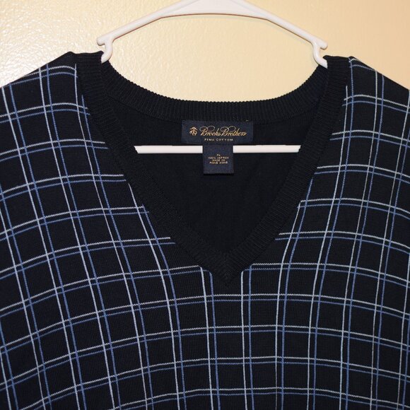 Vintage Brooks Brothers Pima 100% Cotton Blue Window Pane Plaid Sweater Vest XL - Picture 2 of 7